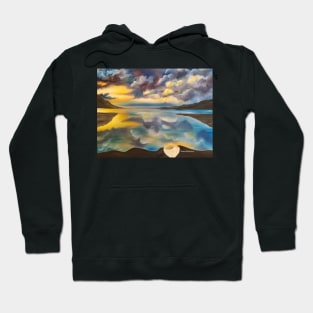 Life Boat, Sky, Water, Lake, Clouds, Skyscape, Waterscape, Row Boat, Blue and yellow, cloudy sky painting Hoodie